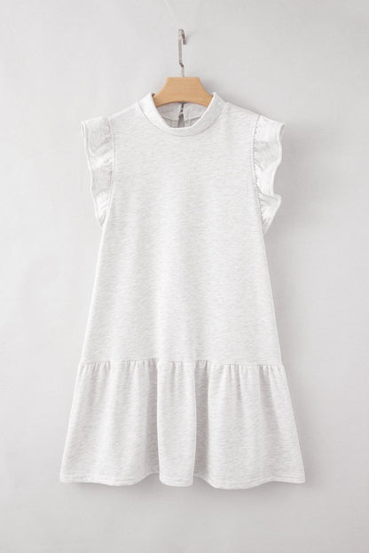 White Ruffle Hem Crew Neck Shift Dress