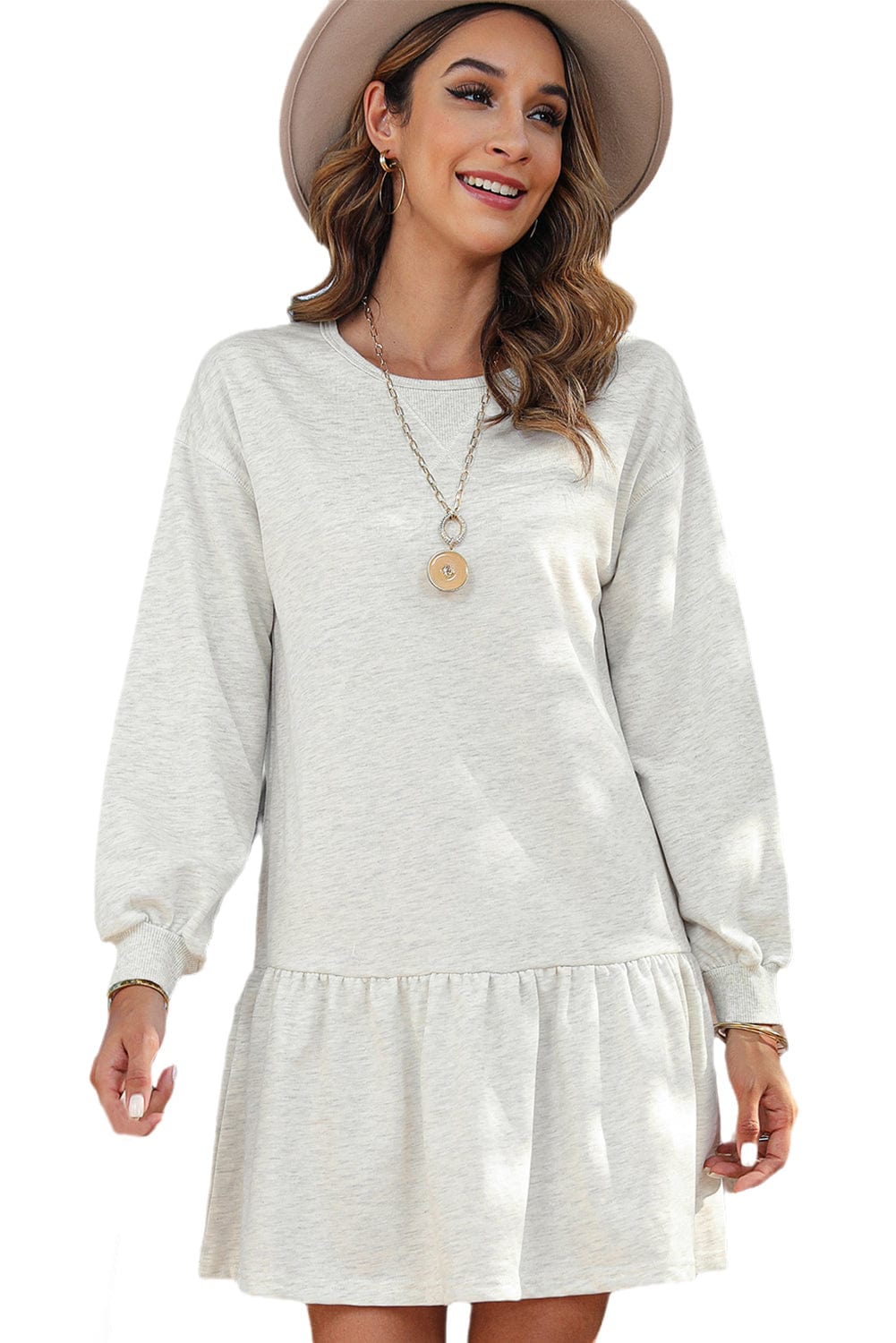 White Ruffle Hem Mini Dress with Puff Sleeves