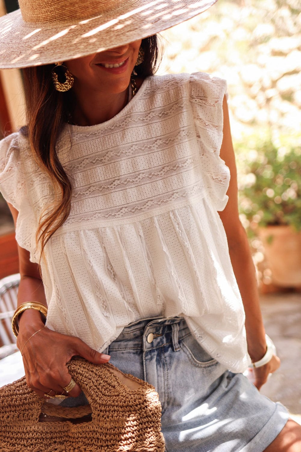 White Ruffle Trim Lace Sleeveless Blouse