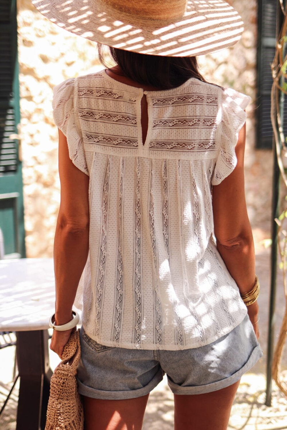 White Ruffle Trim Lace Sleeveless Blouse