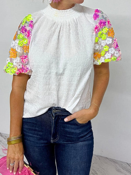 White Sequin Embellished Smocked Collar Puff Sleeve Textured Top