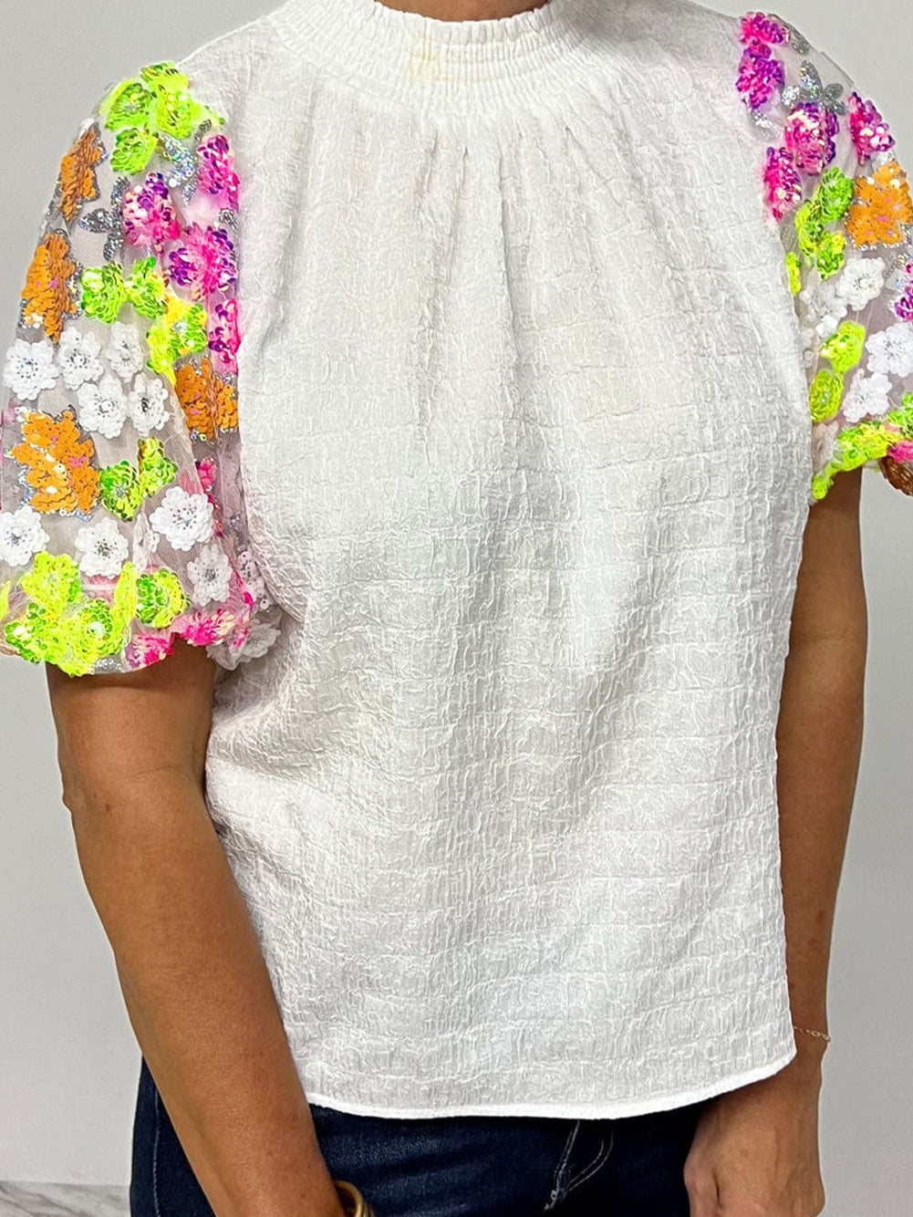 White Sequin Embellished Smocked Collar Puff Sleeve Textured Top