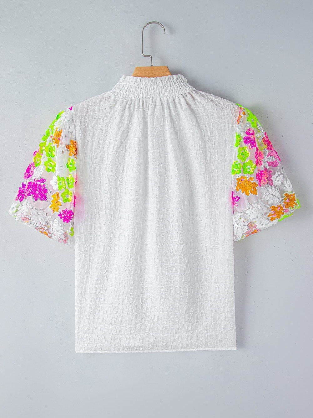 White Sequin Embellished Smocked Collar Puff Sleeve Textured Top