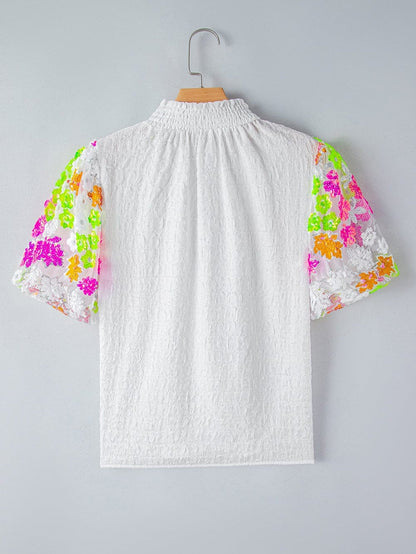 White Sequin Embellished Smocked Collar Puff Sleeve Textured Top