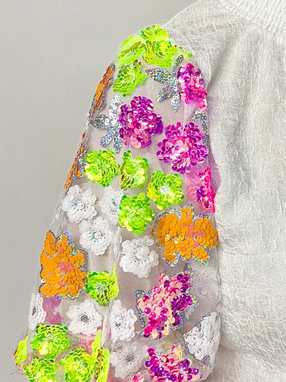 White Sequin Embellished Smocked Collar Puff Sleeve Textured Top