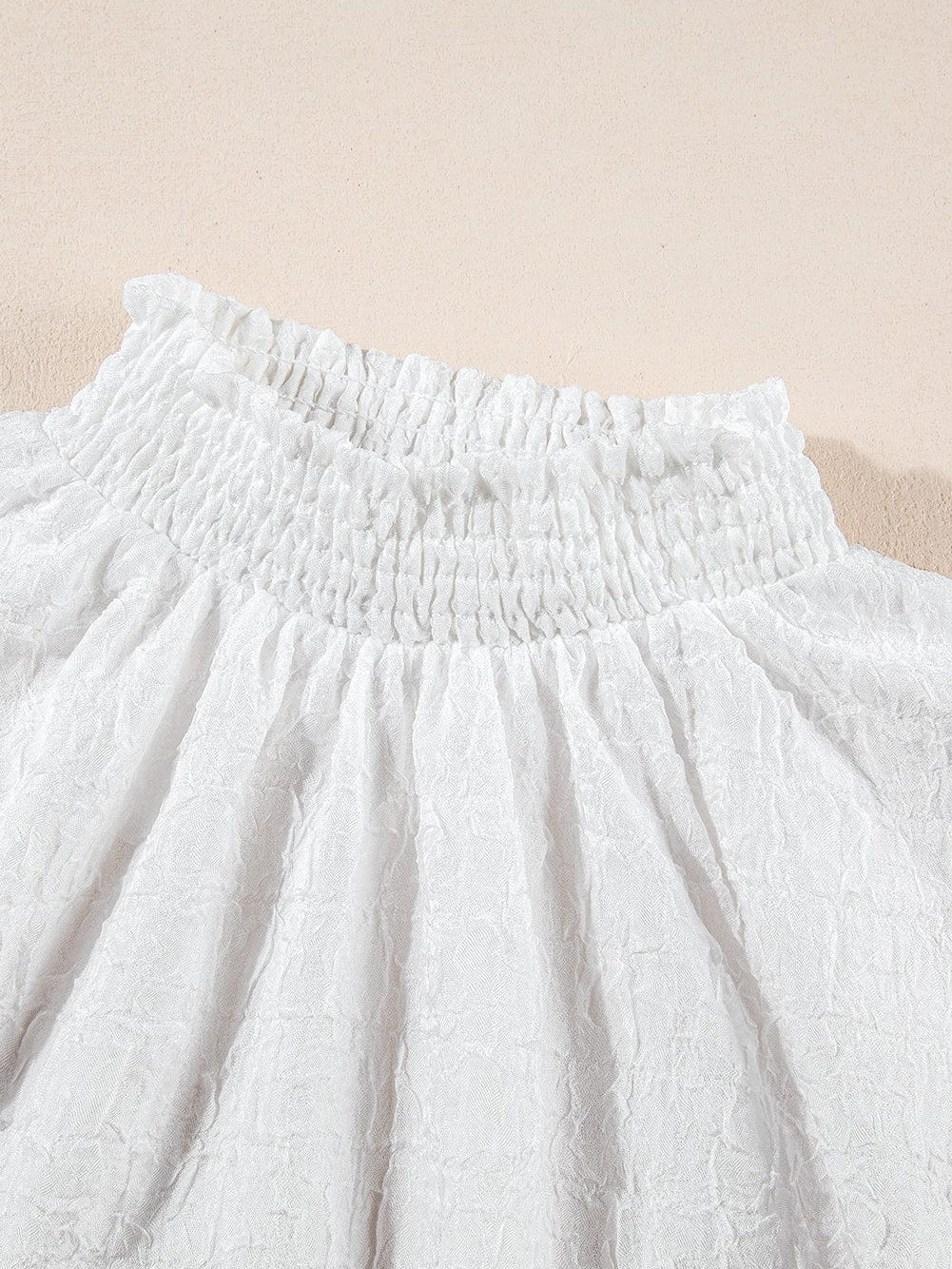 White Sequin Embellished Smocked Collar Puff Sleeve Textured Top