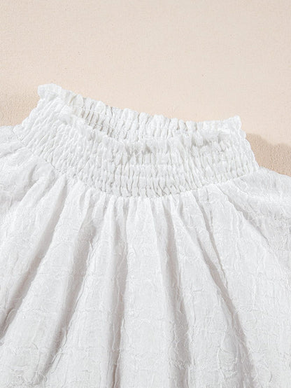 White Sequin Embellished Smocked Collar Puff Sleeve Textured Top