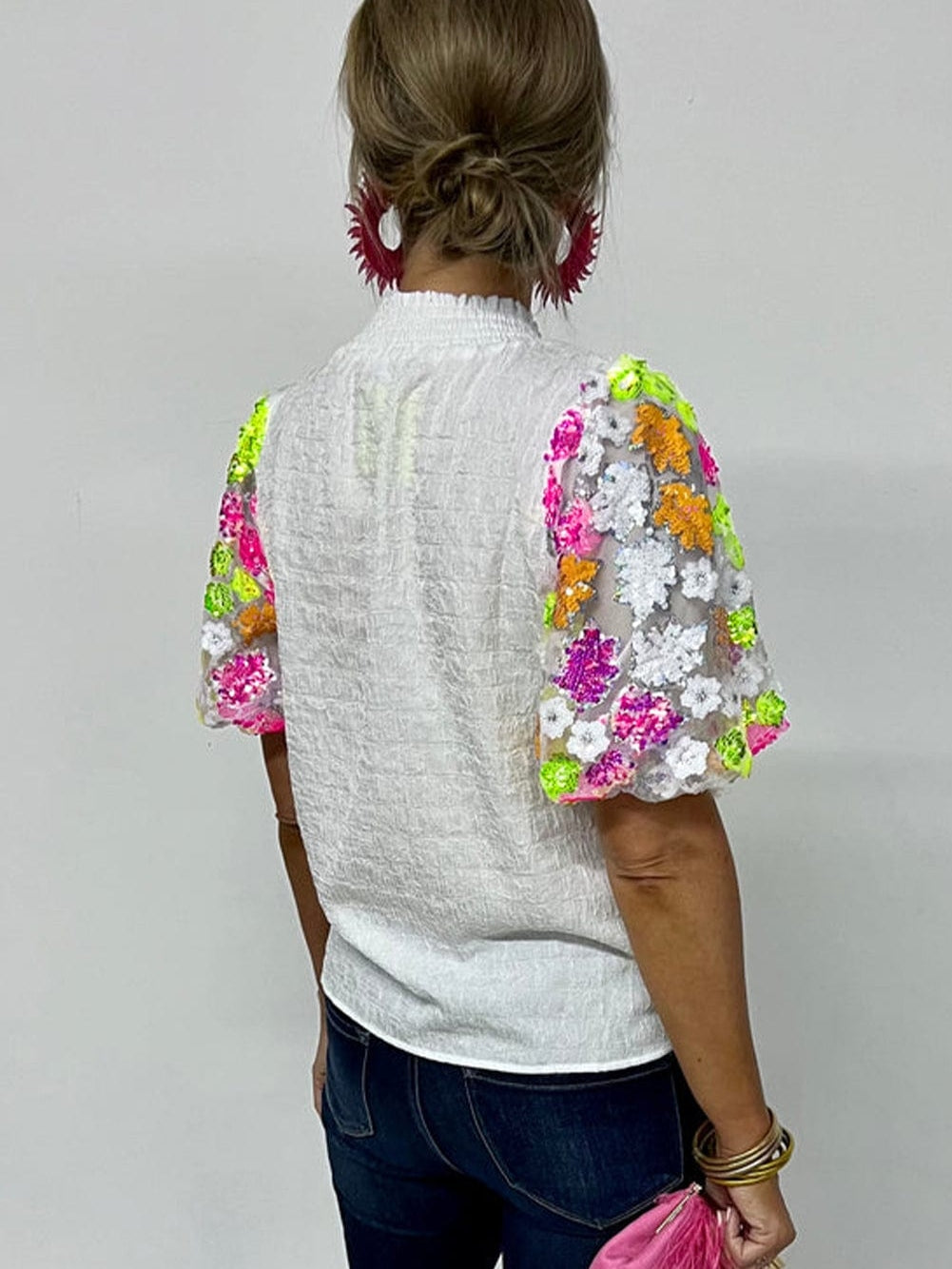 White Sequin Embellished Smocked Collar Puff Sleeve Textured Top