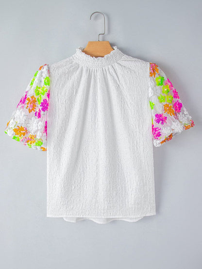 White Sequin Embellished Smocked Collar Puff Sleeve Textured Top