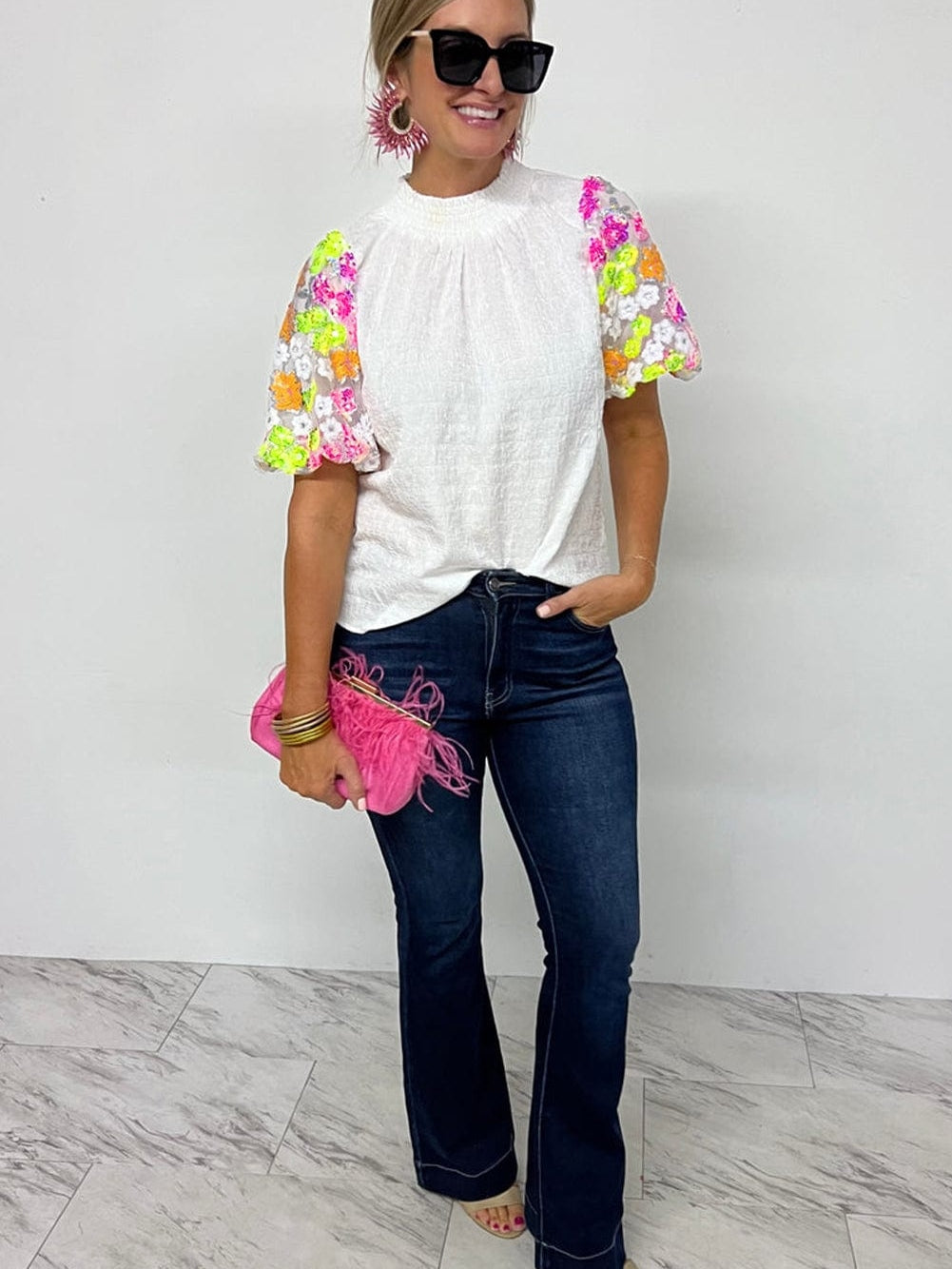 White Sequin Embellished Smocked Collar Puff Sleeve Textured Top