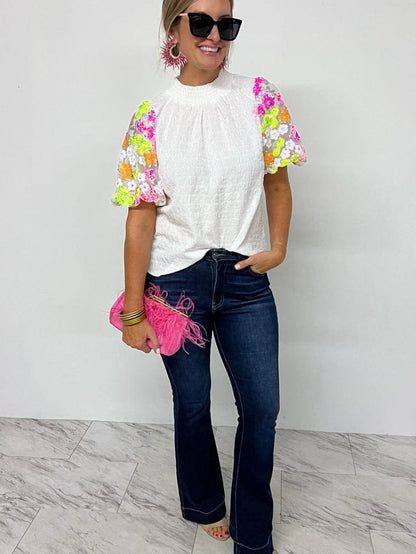 White Sequin Embellished Smocked Collar Puff Sleeve Textured Top