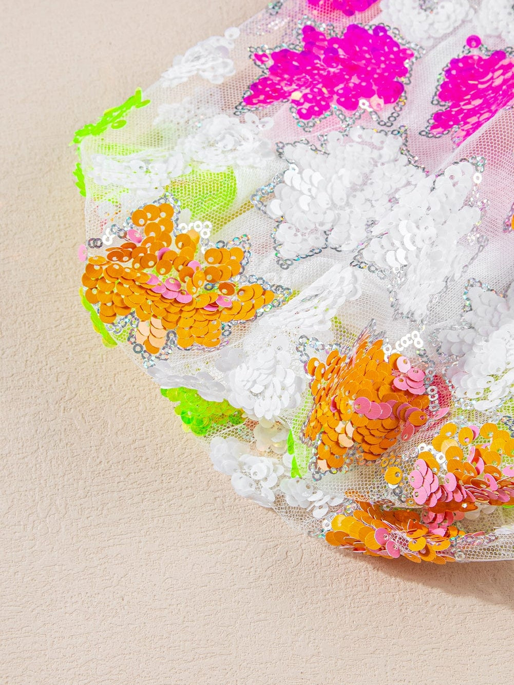 White Sequin Embellished Smocked Collar Puff Sleeve Textured Top