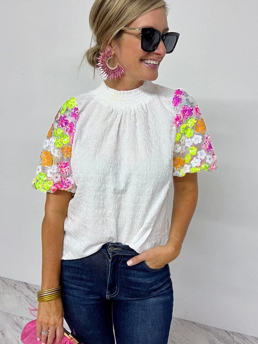 White Sequin Embellished Smocked Collar Puff Sleeve Textured Top