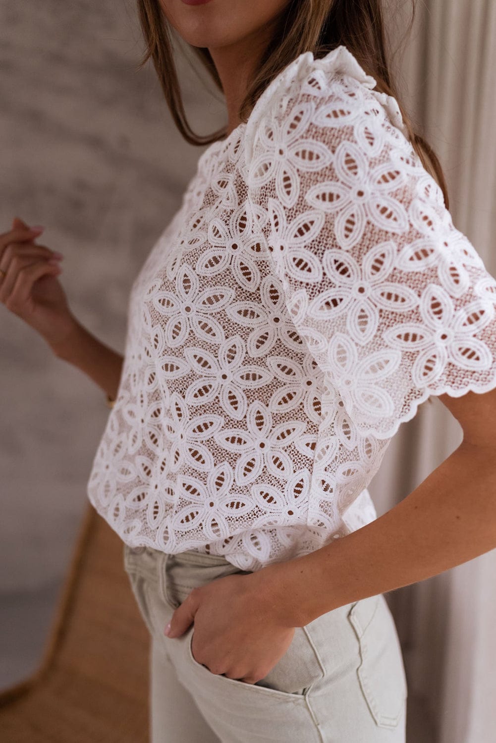 White Sheath Silhouette Lace Embroidered Blouse