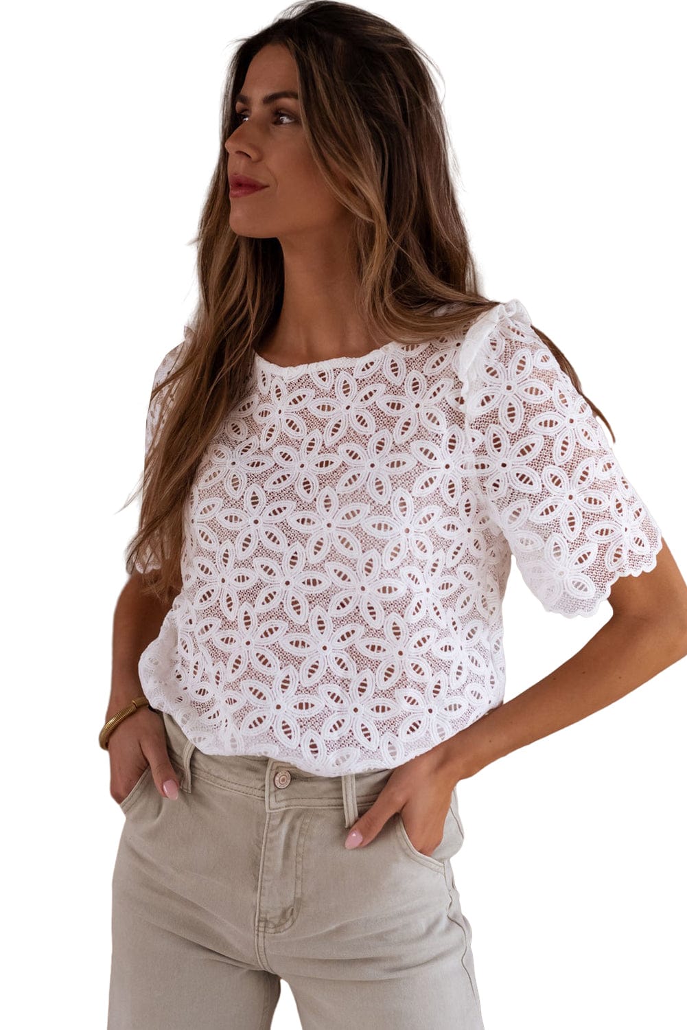 White Sheath Silhouette Lace Embroidered Blouse