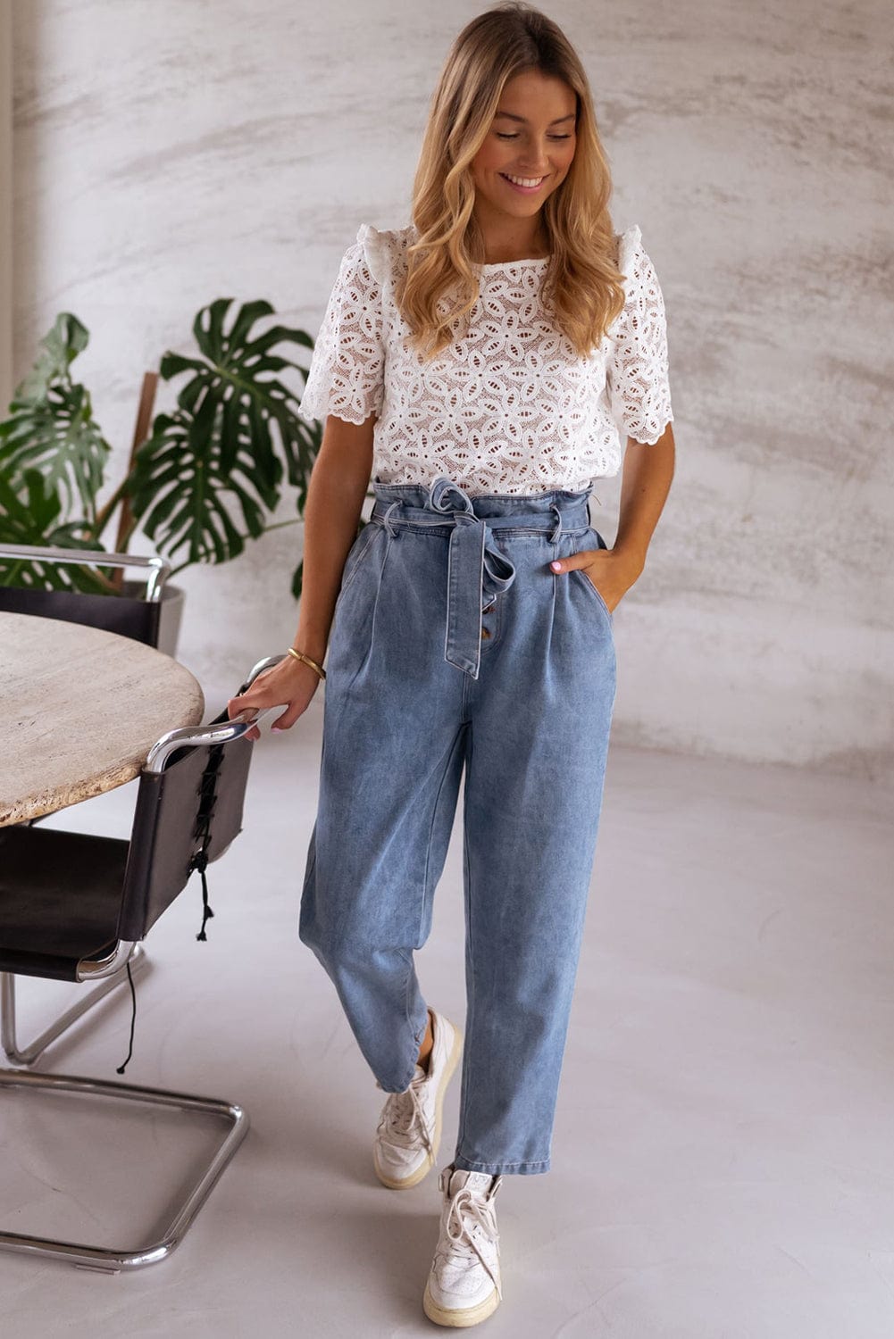 White Sheath Silhouette Lace Embroidered Blouse