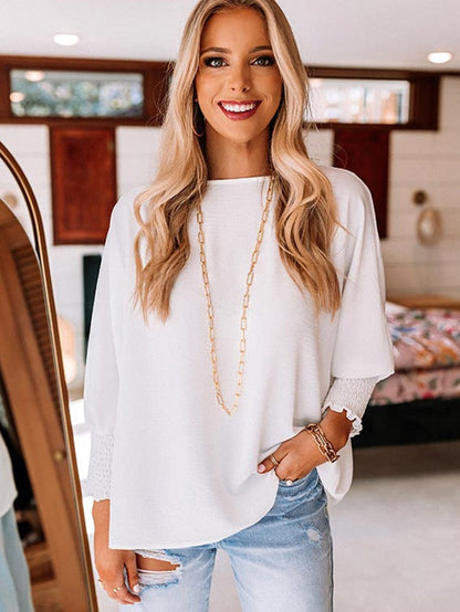 White Smocked Cuffed Shift Blouse