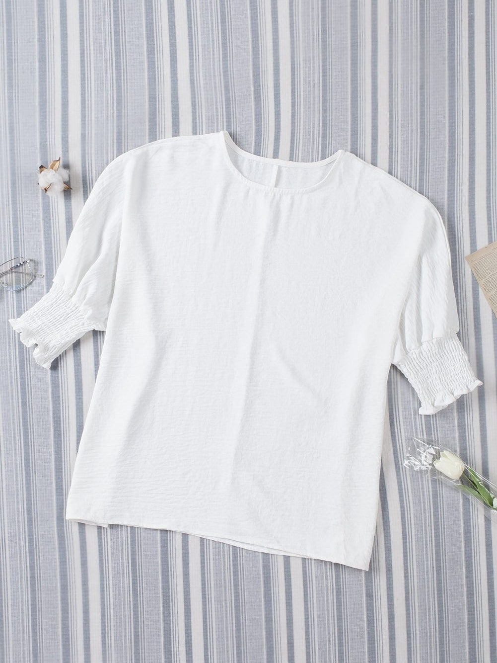 White Smocked Cuffed Shift Blouse