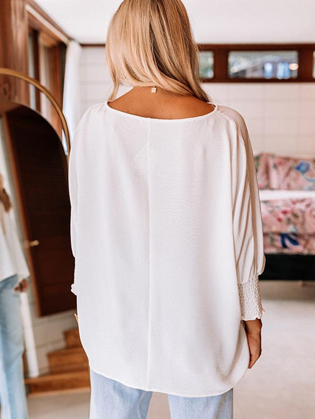 White Smocked Cuffed Shift Blouse