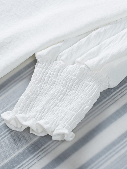 White Smocked Cuffed Shift Blouse
