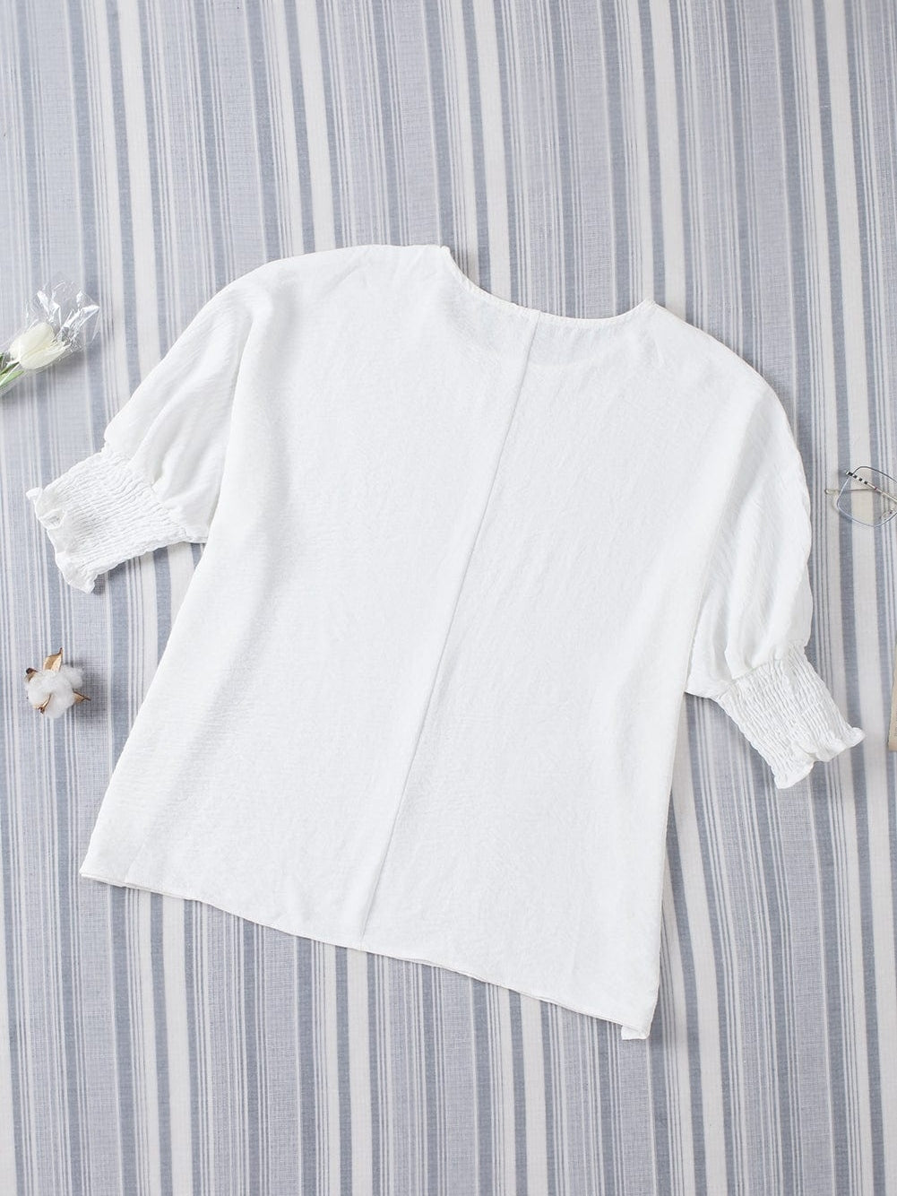White Smocked Cuffed Shift Blouse