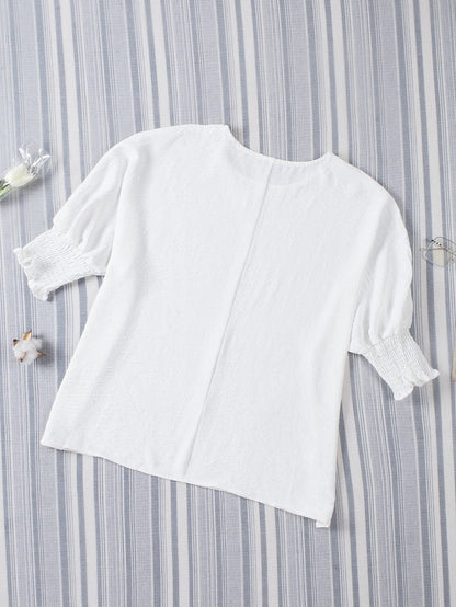 White Smocked Cuffed Shift Blouse