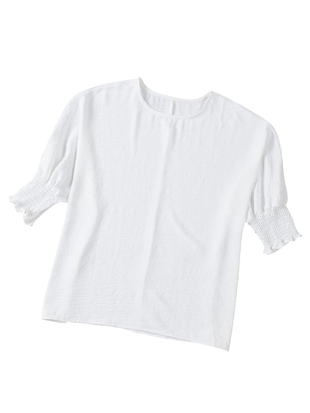 White Smocked Cuffed Shift Blouse