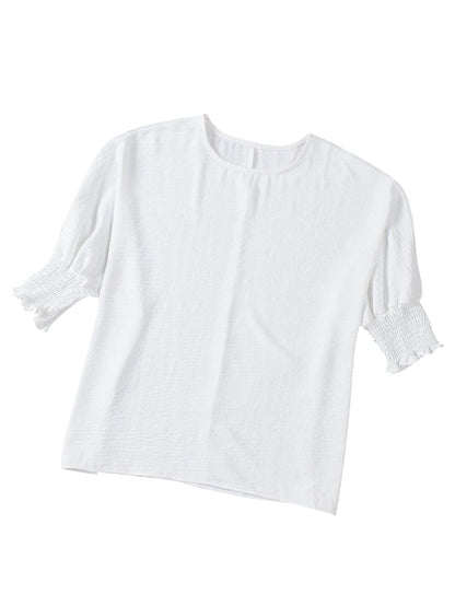 White Smocked Cuffed Shift Blouse