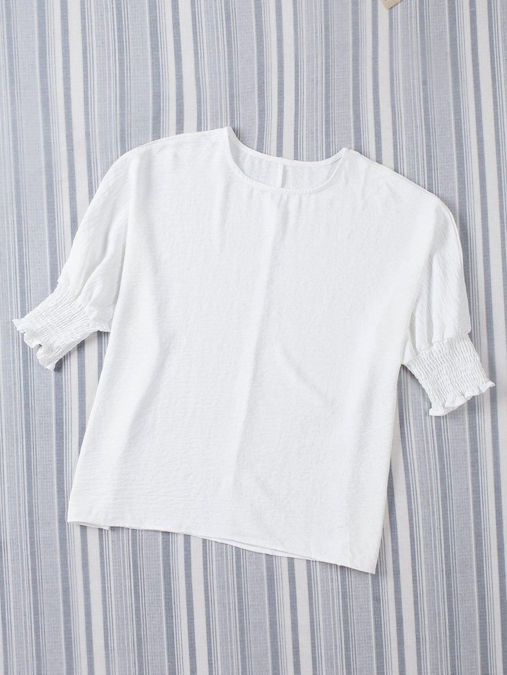 White Smocked Cuffed Shift Blouse