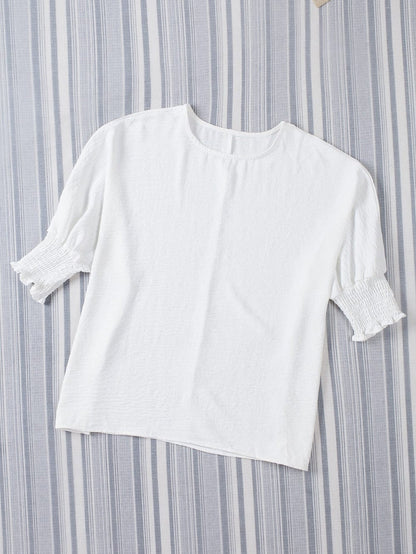 White Smocked Cuffed Shift Blouse