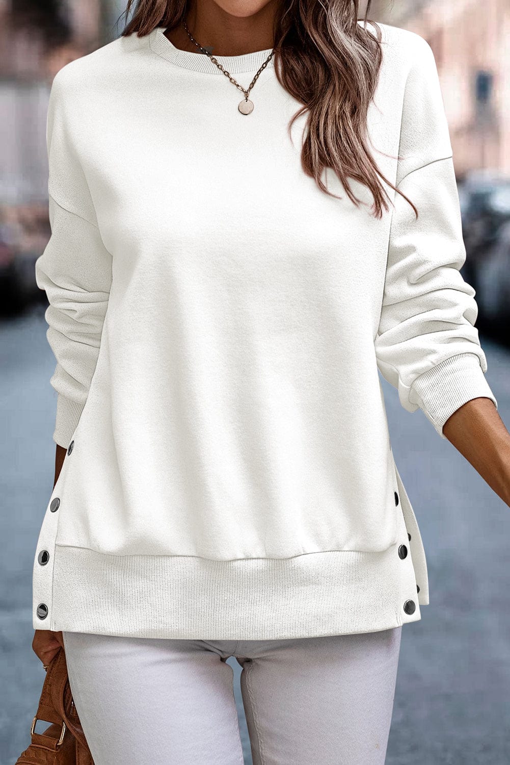White Snap Button Detail Side Split Pullover Sweatshirt