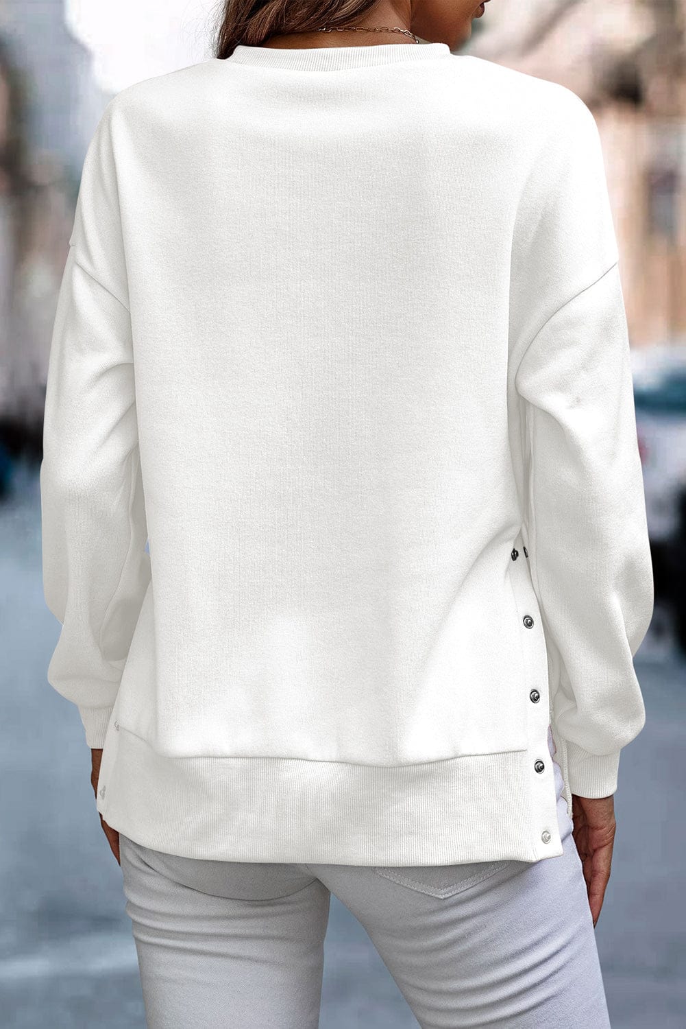 White Snap Button Detail Side Split Pullover Sweatshirt