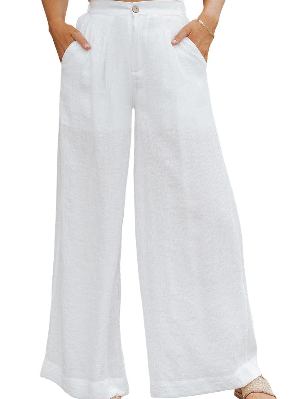 White Solid Color Elastic Waist Pleated Wide Leg Pants