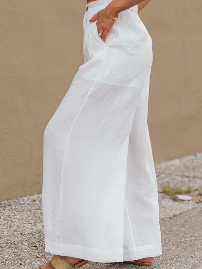 White Solid Color Elastic Waist Pleated Wide Leg Pants