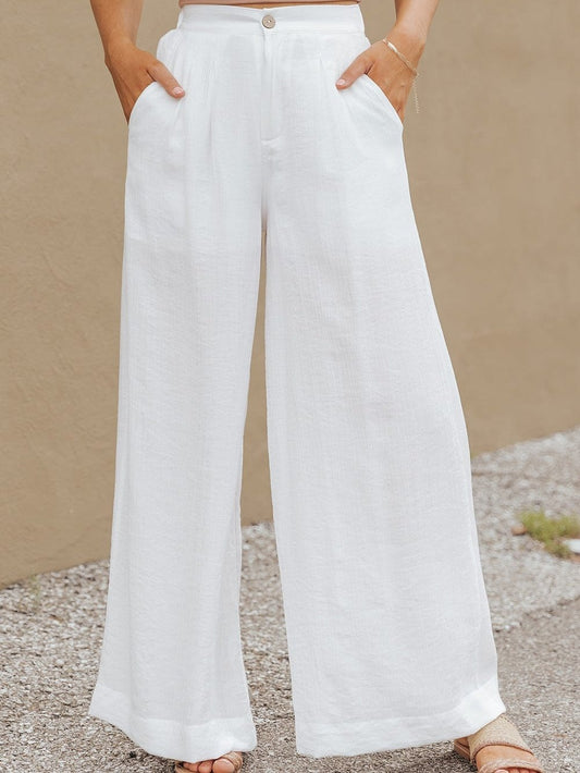 White Solid Color Elastic Waist Pleated Wide Leg Pants