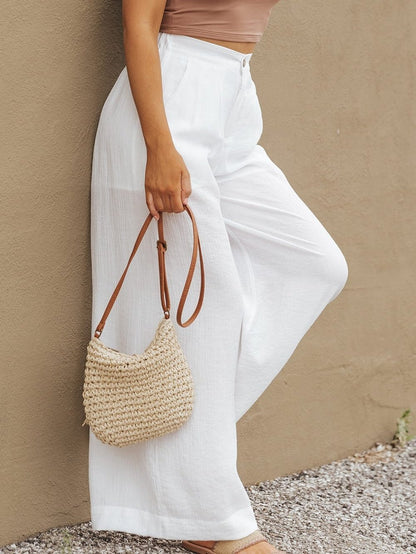White Solid Color Elastic Waist Pleated Wide Leg Pants