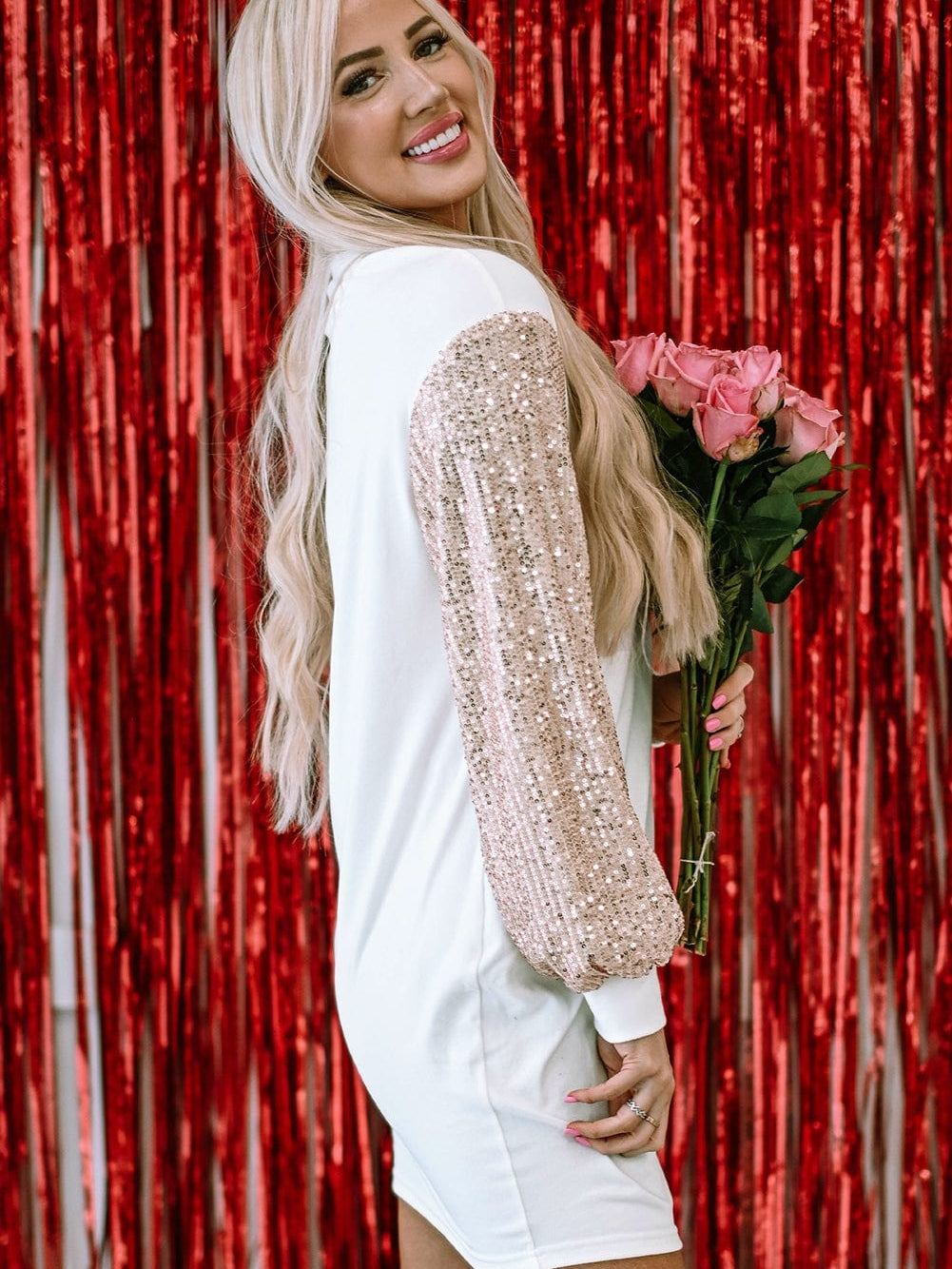 White Sparkle Bubble Sleeve Tiered Shift Dress