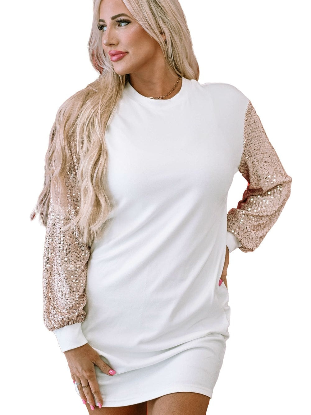 White Sparkle Bubble Sleeve Tiered Shift Dress