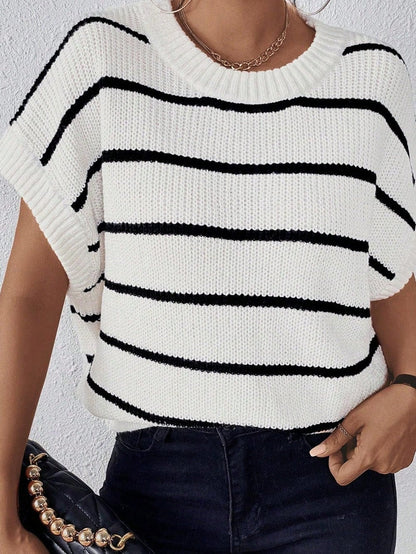 White Striped Batwing Sleeve Sweater with Round Neck