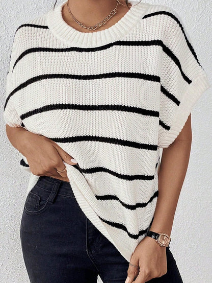 White Striped Batwing Sleeve Sweater with Round Neck