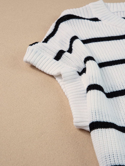 White Striped Batwing Sleeve Sweater with Round Neck