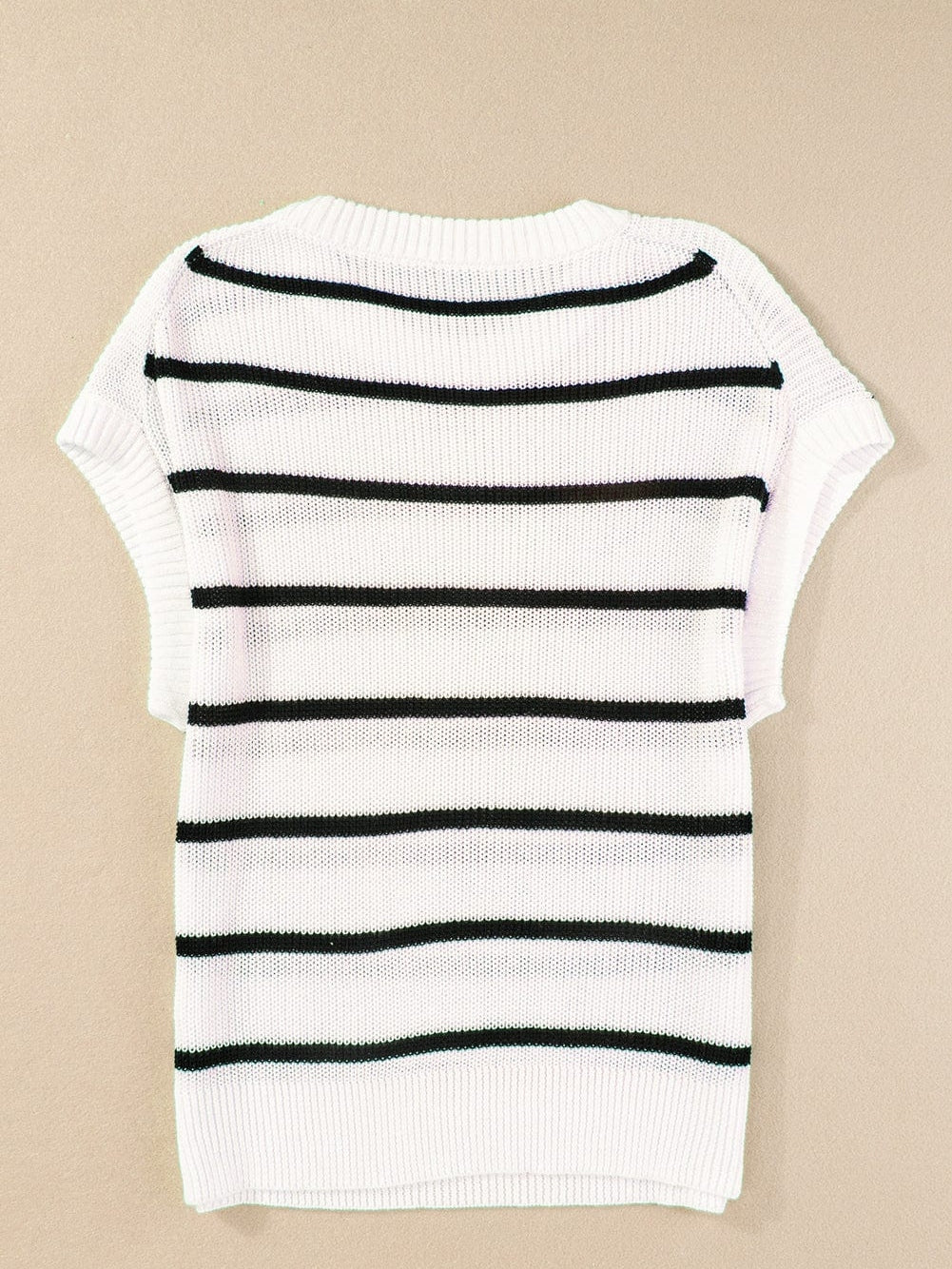 White Striped Batwing Sleeve Sweater with Round Neck