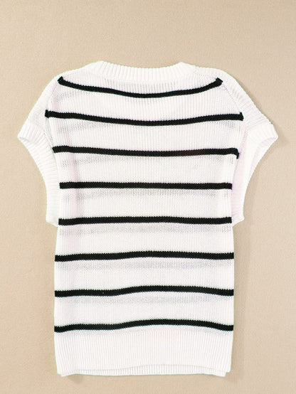 White Striped Batwing Sleeve Sweater with Round Neck