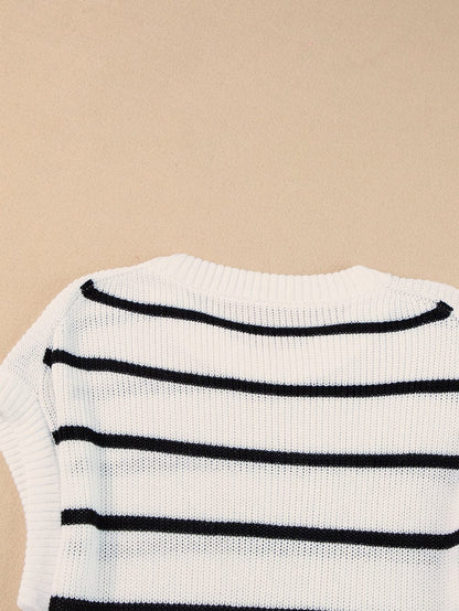 White Striped Batwing Sleeve Sweater with Round Neck