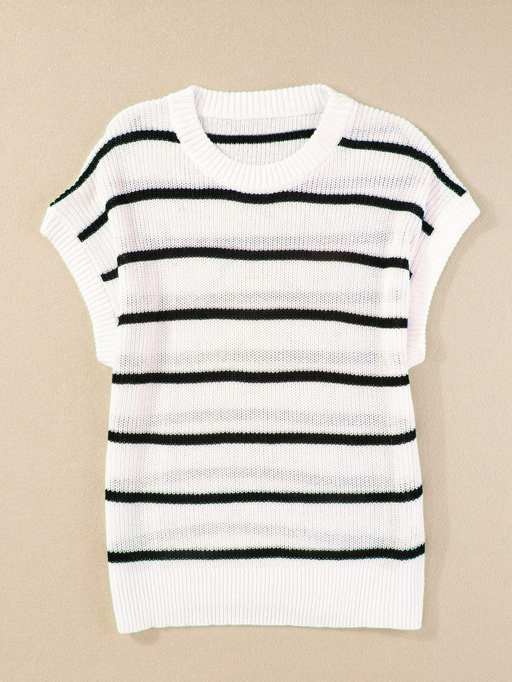 White Striped Batwing Sleeve Sweater with Round Neck