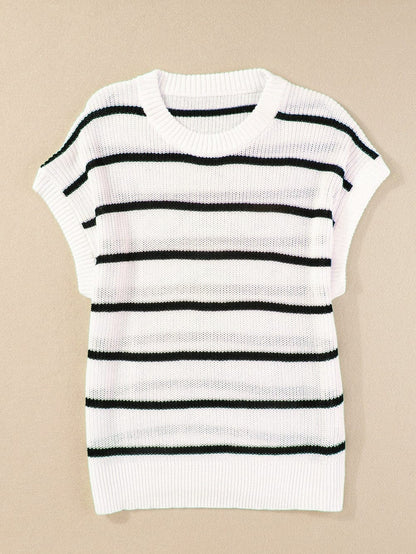 White Striped Batwing Sleeve Sweater with Round Neck