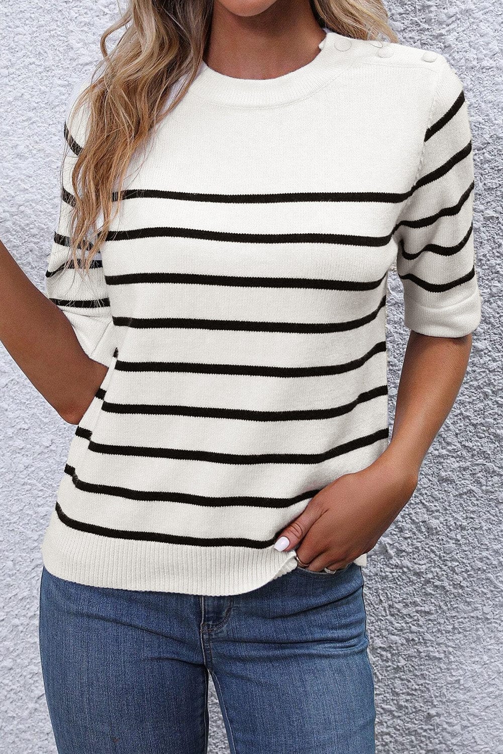 White Striped Knit Tee with Half Sleeves