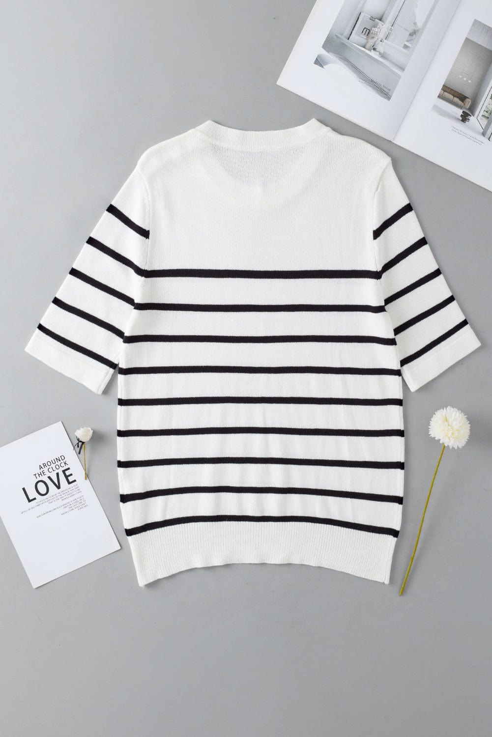 White Striped Knit Tee with Half Sleeves