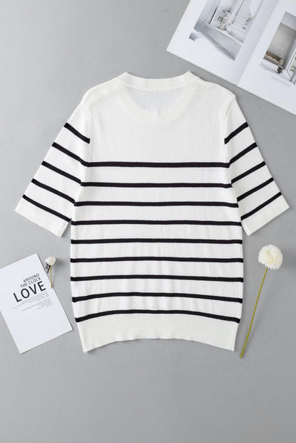 White Striped Knit Tee with Half Sleeves