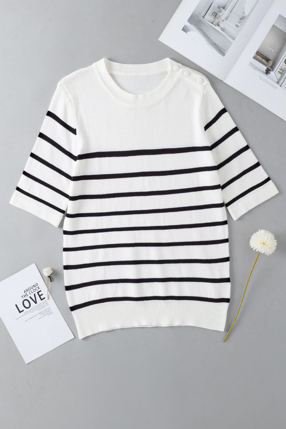 White Striped Knit Tee with Half Sleeves